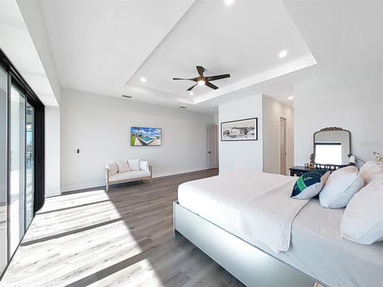 Bedroom, Interior, Recessed Lighting, Wood Texture Flooring
