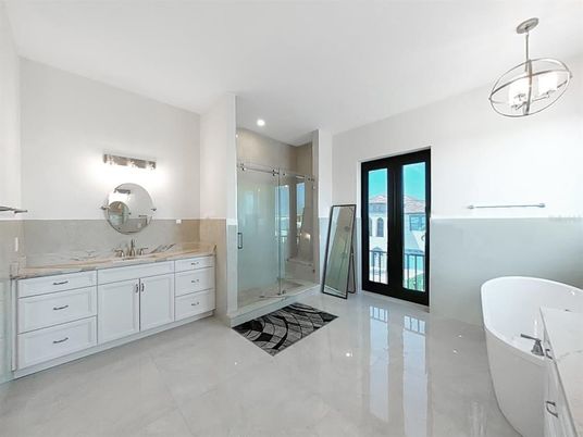 Bathroom, Dual Sink Vanities, Free Standing Baths, Glass Shower, Interior, Recessed Lighting