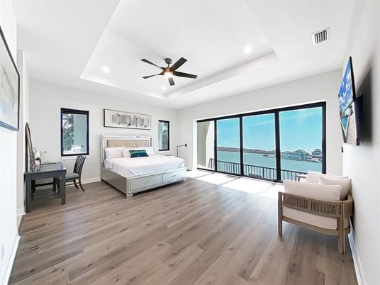 Bedroom, Interior, Recessed Lighting, Water, Wood Texture Flooring