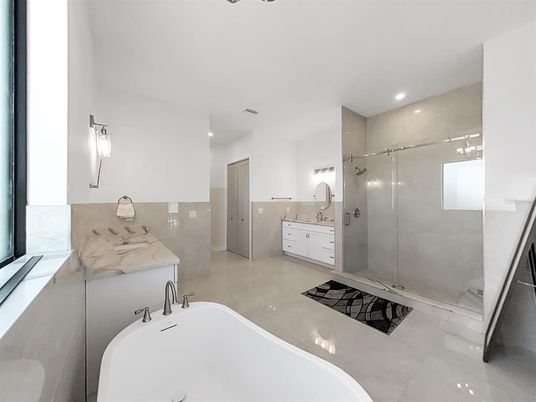 Bathroom, Dual Sink Vanities, Free Standing Baths, Glass Shower, Interior, Recessed Lighting