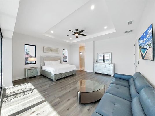Bedroom, Interior, Recessed Lighting, Wood Texture Flooring