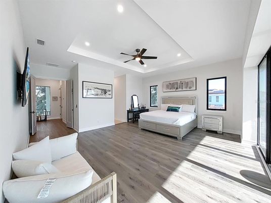 Bedroom, Interior, Recessed Lighting, Wood Texture Flooring
