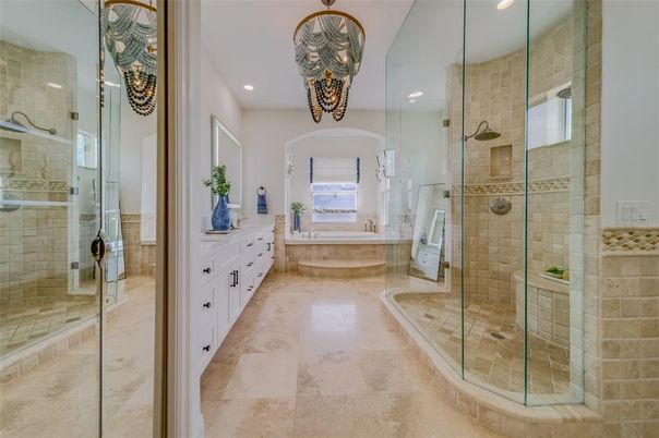Bathroom, Glass Shower, Interior, Recessed Lighting, Stone Walls