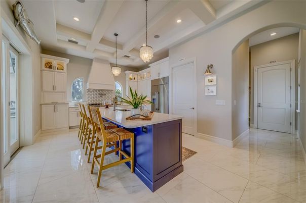 Interior, Kitchen, Marble, Pendant Lights, Recessed Lighting, Stainless Steel Appliances