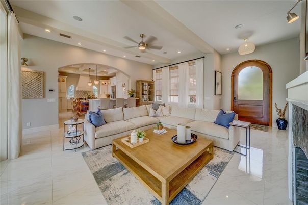Fireplace, Interior, Kitchen, Living room, Marble, Pendant Lights, Recessed Lighting