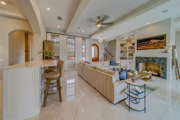 Fireplace, Interior, Living room, Marble, Recessed Lighting