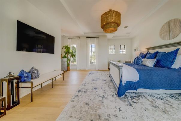 Bedroom, Chandelier, Interior, Wood Texture Flooring