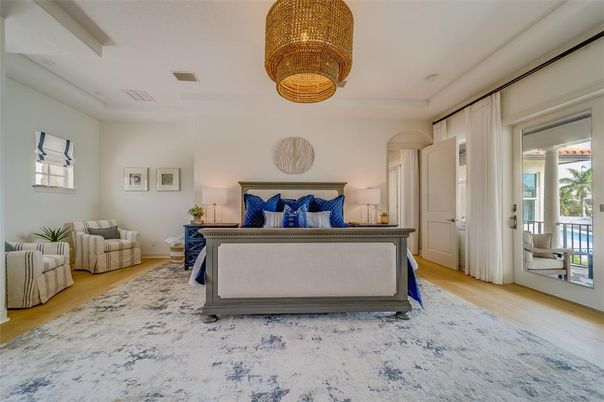 Bedroom, Chandelier, Interior, Wood Texture Flooring