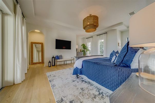 Bedroom, Chandelier, Interior, Wood Texture Flooring