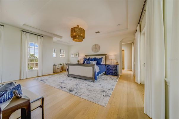 Bedroom, Chandelier, Interior, Wood Texture Flooring
