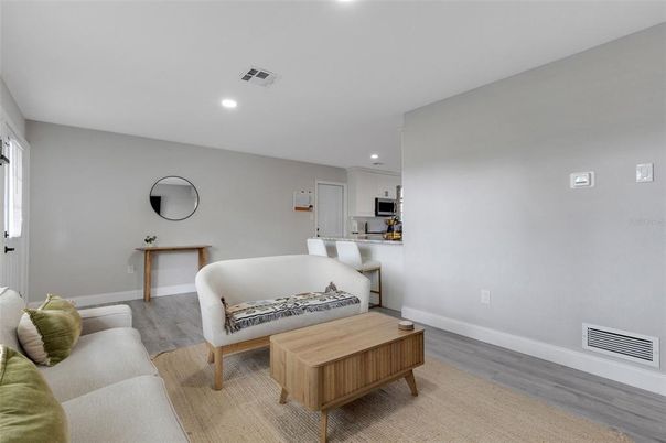 Interior, Kitchen, Living room, Recessed Lighting, Wood Texture Flooring