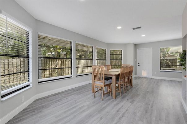 Dining room, Interior, Recessed Lighting, Wood Texture Flooring