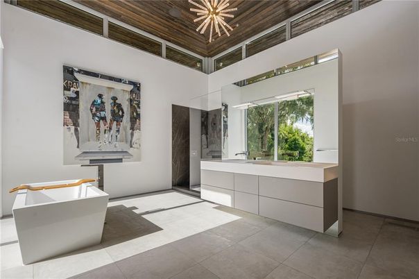 Bathroom, Dual Sink Vanities, Free Standing Baths, Interior, Pendant Lights, Wooden Ceilings