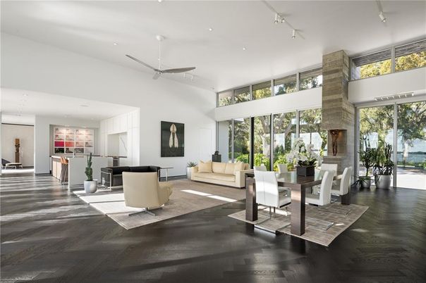 Dining room, Interior, Kitchen, Living room, Recessed Lighting, Wood Texture Flooring