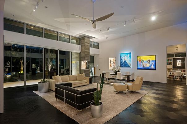 Dining room, Interior, Living room, Recessed Lighting, Wood Texture Flooring