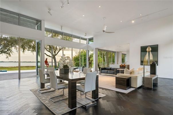 Dining room, Interior, Living room, Recessed Lighting, Water, Wood Texture Flooring