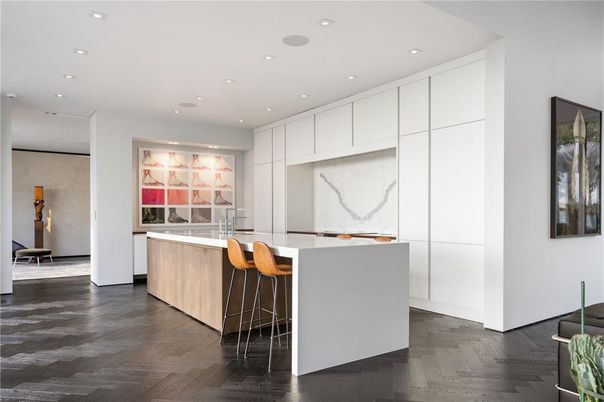 Interior, Kitchen, Marble Walls, Recessed Lighting, Wood Texture Flooring