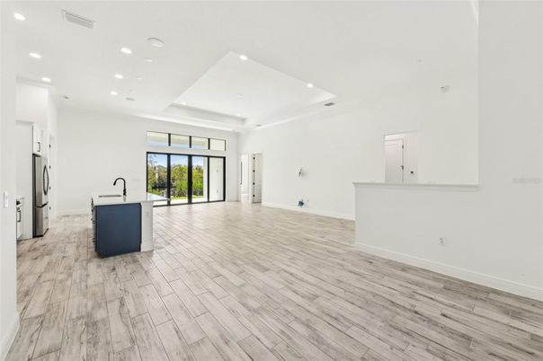 Empty room, Interior, Kitchen, Recessed Lighting, Wood Texture Flooring