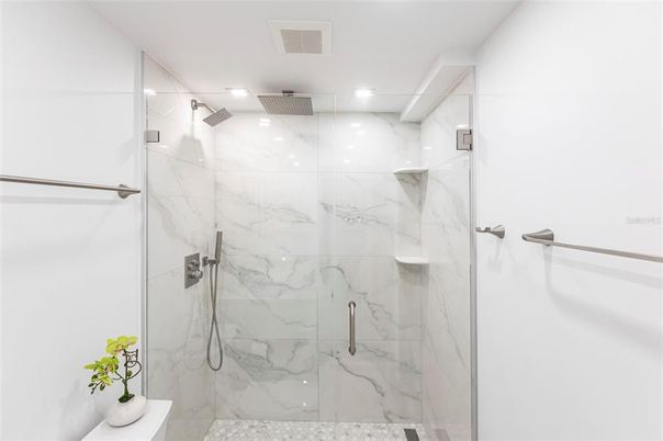 Bathroom, Glass Shower, Interior, Marble Walls, Recessed Lighting
