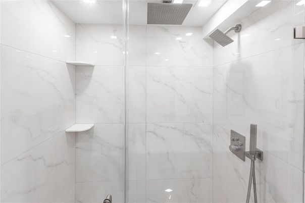 Bathroom, Glass Shower, Interior, Marble Walls, Recessed Lighting