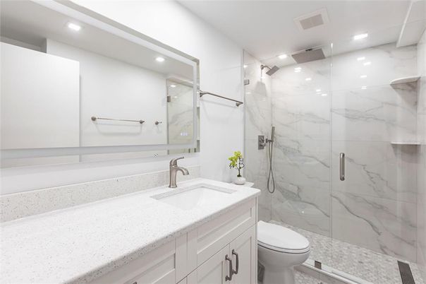 Bathroom, Glass Shower, Interior, Marble Walls, Recessed Lighting
