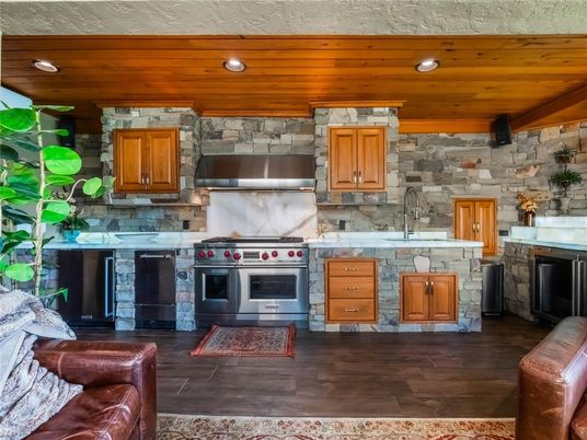 Interior, Kitchen, Recessed Lighting, Stainless Steel Appliances, Stone Walls, Wooden Ceilings, Wood Texture Flooring