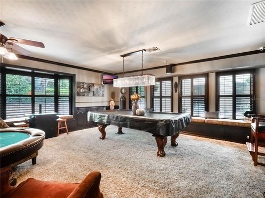 Billiard Table, Chandelier, Game Room, Interior, Pendant Lights