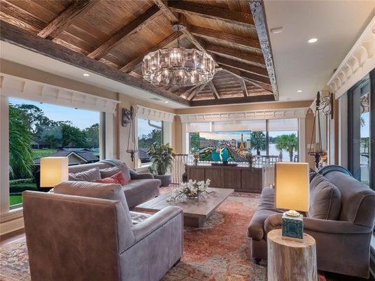 Chandelier, Interior, Living room, Recessed Lighting, Wooden Beams, Wooden Ceilings