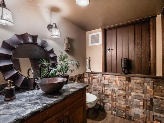 Bathroom, Dual Sink Vanities, Interior, Recessed Lighting, Wood Texture Flooring