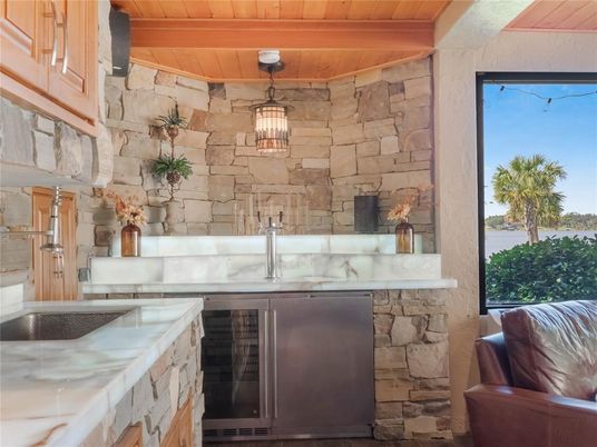 Interior, Kitchen, Pendant Lights, Stone Walls, Wooden Beams