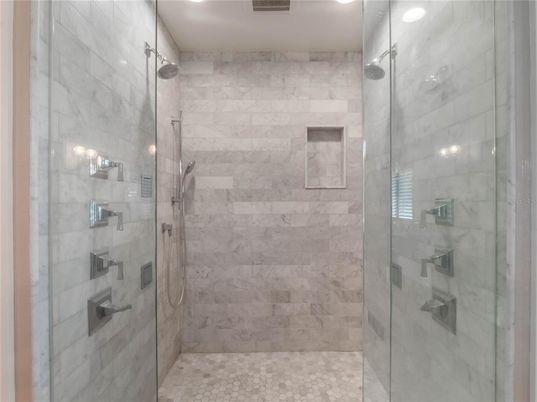 Bathroom, Glass Shower, Interior, Marble Walls, Recessed Lighting