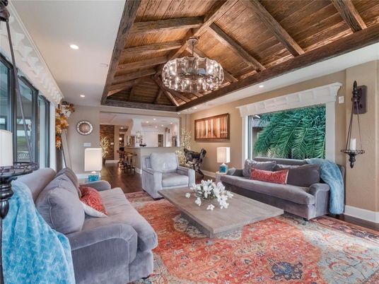 Chandelier, Interior, Kitchen, Living room, Pendant Lights, Recessed Lighting, Wooden Beams, Wooden Ceilings, Wood Texture Flooring