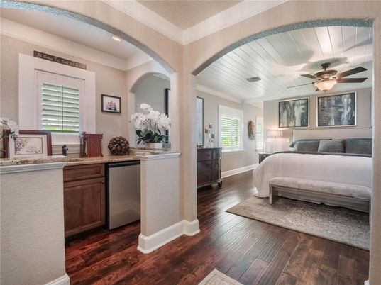 Bedroom, Interior, Recessed Lighting, Wood Texture Flooring