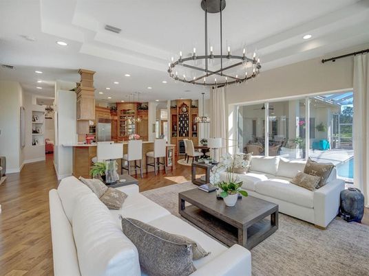 Chandelier, Dining room, Interior, Kitchen, Living room, Pendant Lights, Recessed Lighting, Wood Texture Flooring