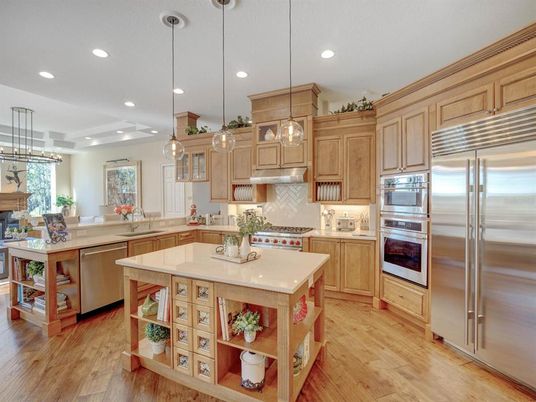 Interior, Kitchen, Pendant Lights, Recessed Lighting, Stainless Steel Appliances, Wood Texture Flooring