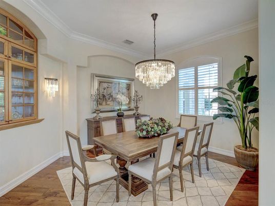 Chandelier, Dining room, Interior, Wood Texture Flooring
