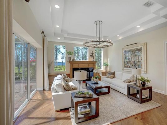 Chandelier, Fireplace, Interior, Living room, Pendant Lights, Recessed Lighting, Wood Texture Flooring