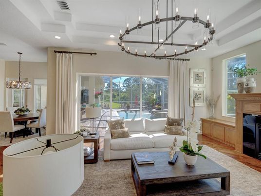 Chandelier, Dining room, Fireplace, Interior, Living room, Pendant Lights, Recessed Lighting, Wood Texture Flooring
