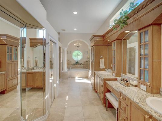 Bathroom, Chandelier, Dual Sink Vanities, Glass Shower, Interior, Recessed Lighting