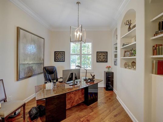 Home Office, Interior, Pendant Lights, Wood Texture Flooring