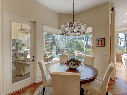 Chandelier, Dining room, Interior, Pendant Lights, Recessed Lighting, Sun Room, Wood Texture Flooring