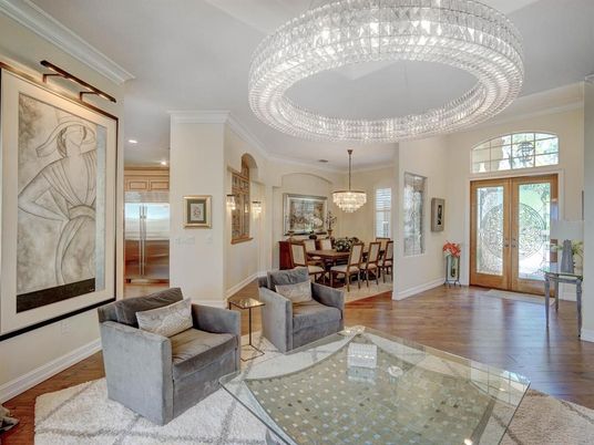 Chandelier, Dining room, Interior, Living room, Pendant Lights, Recessed Lighting, Wood Texture Flooring