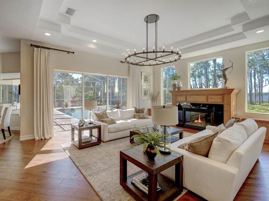 Chandelier, Fireplace, Interior, Living room, Pendant Lights, Recessed Lighting, Wood Texture Flooring