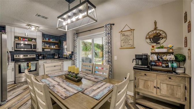 Dining room, Interior, Kitchen, Stainless Steel Appliances, Wood Texture Flooring