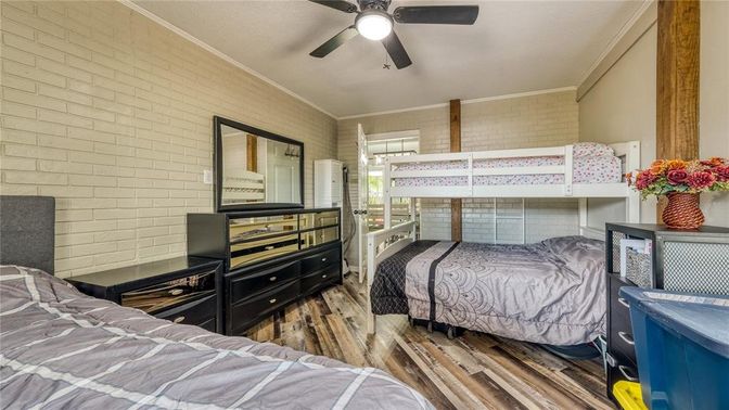 Bedroom, Interior, Stone Walls, Wood Texture Flooring