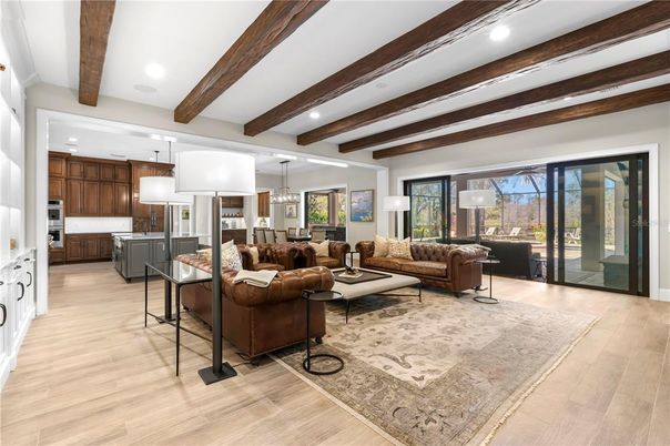 Interior, Kitchen, Living room, Pendant Lights, Recessed Lighting, Wooden Beams, Wood Texture Flooring