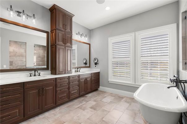 Bathroom, Dual Sink Vanities, Free Standing Baths, Interior, Recessed Lighting