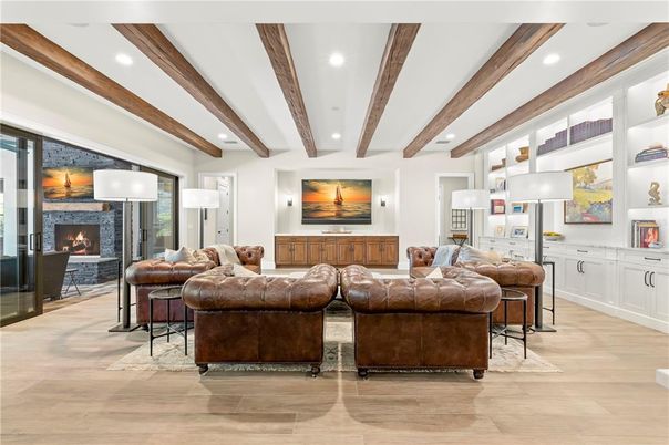 Fireplace, Interior, Living room, Recessed Lighting, Wooden Beams, Wood Texture Flooring