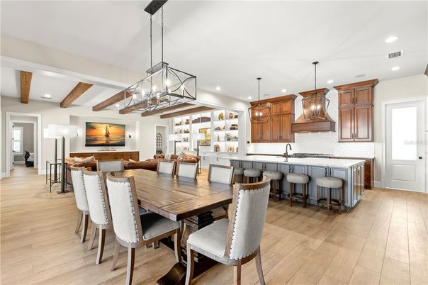 Dining room, Interior, Kitchen, Pendant Lights, Recessed Lighting, Wooden Beams, Wood Texture Flooring