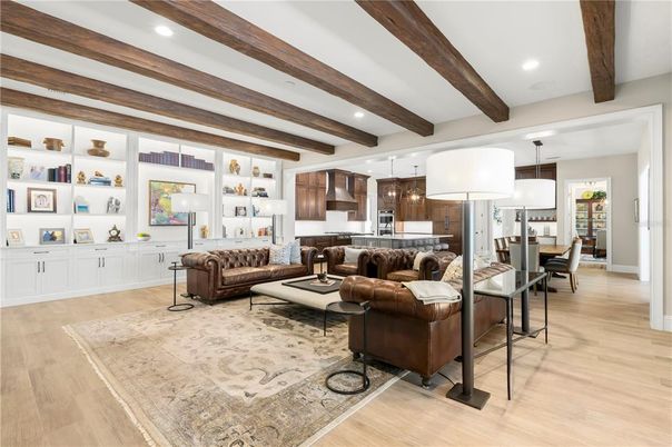 Dining room, Interior, Kitchen, Living room, Pendant Lights, Recessed Lighting, Wooden Beams, Wood Texture Flooring